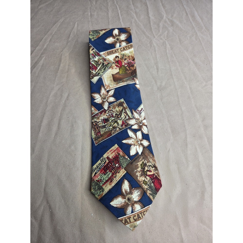 Vintage Hugo Boss 100% Silk Postcard Print Blue Neck Tie Made in Italy